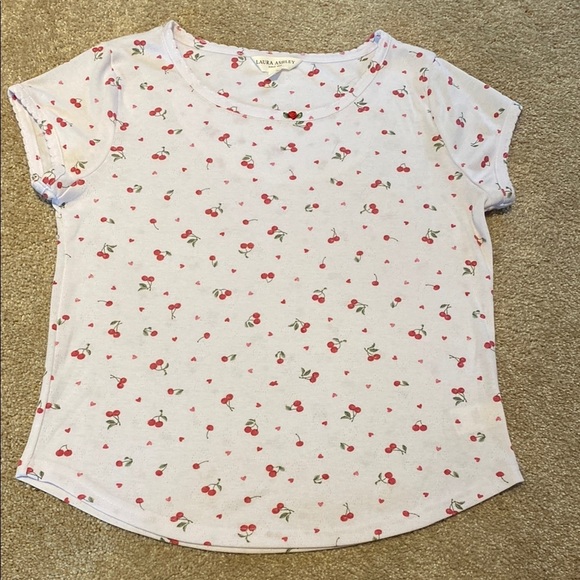 Laura Ashley Top White Red Cherry Heart AOP Cotton Modal M - Picture 2 of 8